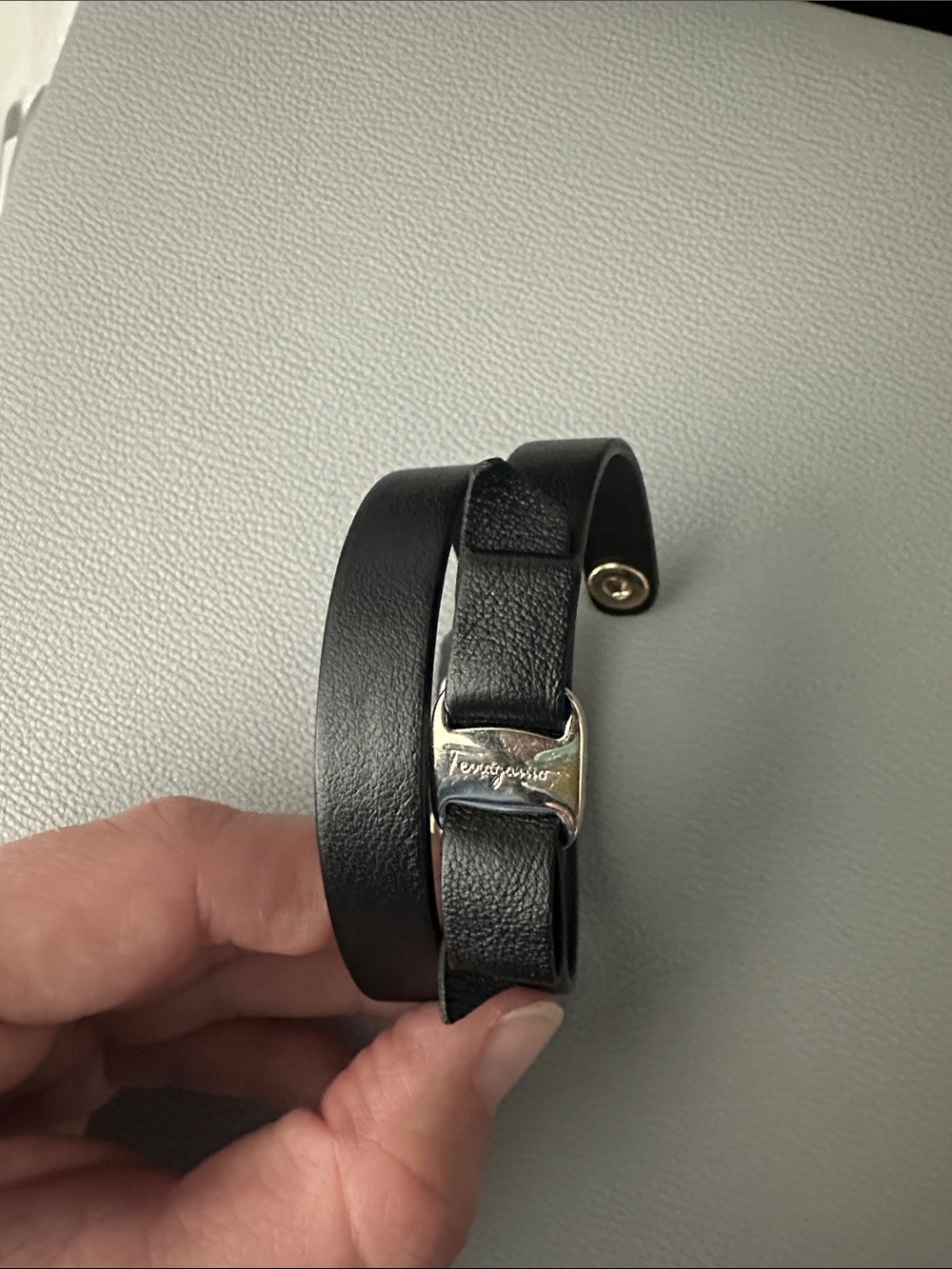 Salvatore Ferragamo Black Double-Wrap Leather Bracelet with Gold Tone Buckle